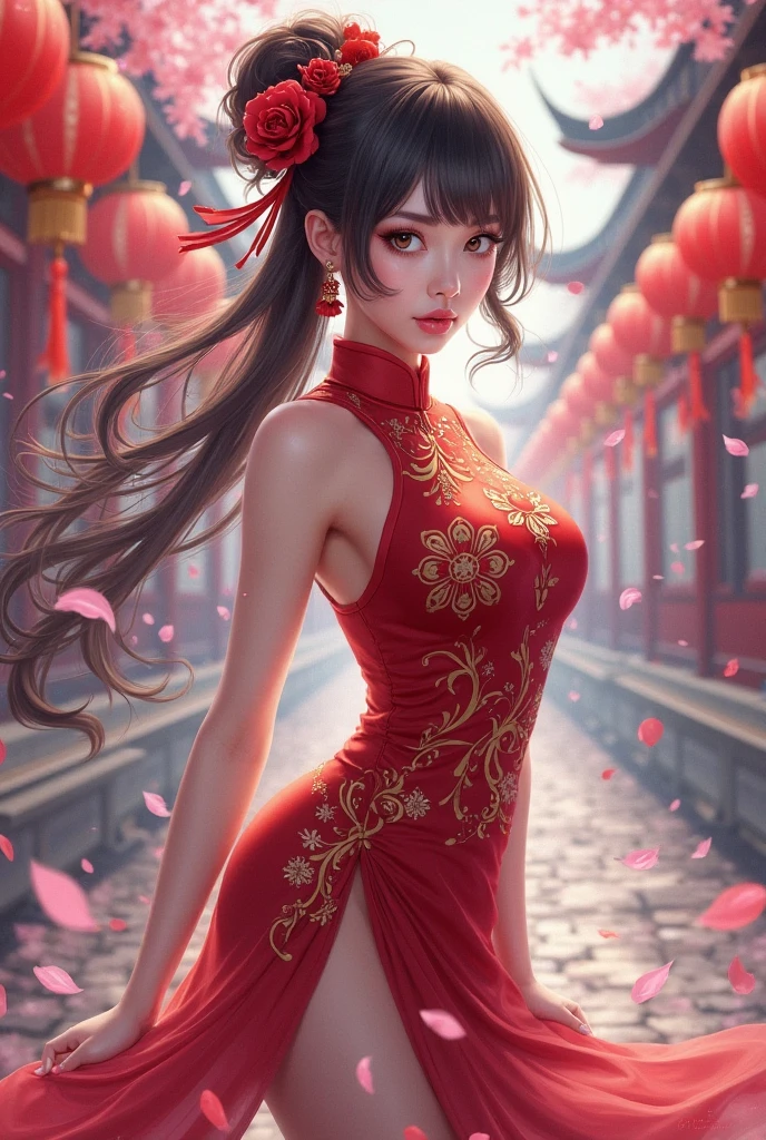 Best quality, Masterpiece, A high resolution, 1girll,china dress,Beautiful face, hair adornments, Solo,view the viewer,Smile,Closed mouth,Lips, Red cheongsam,hair adornments, necklace, jewelry, Long hair, Earrings,, architecture,east asian architecture