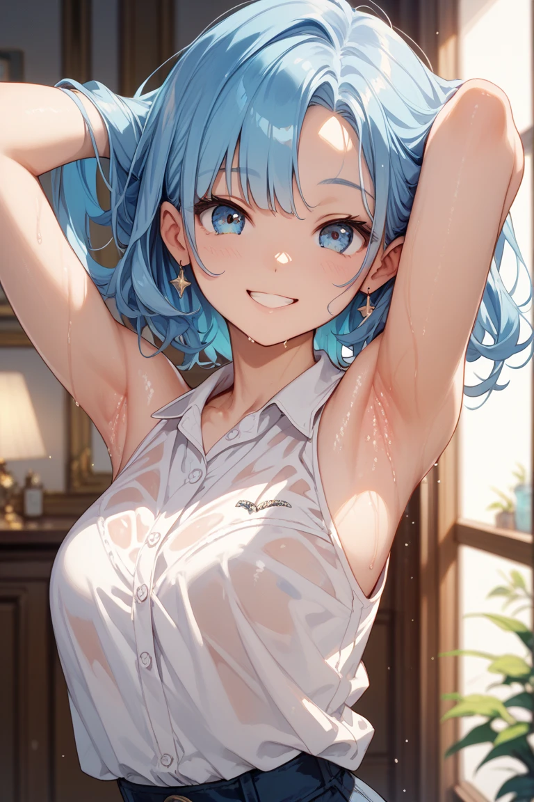 (8K、Highest image quality、highest quality、masterpiece)、detailed face、((1 baby girl))、mesugaki、blue green髪、long hair hair、twintails、blunt bangs、blue green目、evil smile、((grin))、steam、((small breasts))、((white camisole))、((denim short shorts))、cowboy shot、take care of、((desk humping))、((masturbation))、Take a photo from the side、classroom background、((nsfw:1.2))