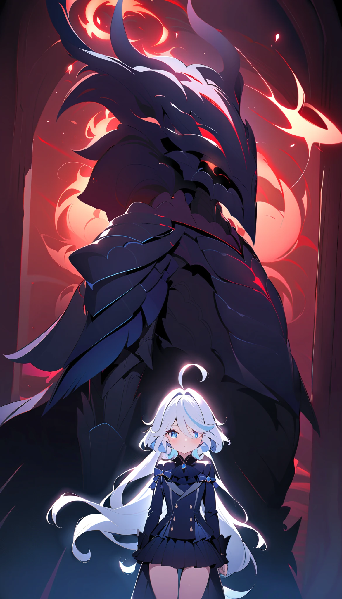 "A beautiful and innocent warrior, inspired by Furina. She has long white hair, shiny, flying in the wind, sparkling eyes exude confidence and strength. She stands on the porch between the dark and smoky ancient battlefield, red light from the flames reflected onto the shiny black dragon scale armor. Armor made of high-tech metal, hugs her petite yet charming body, accentuate soft curves and plumpness. Shoulder-length armor design, revealing blue bones and slender shoulders, add femininity. Her hands behind her back, chest protrudes forward, Proud and indomitable divine. Complex lighting and subtle shadows create so the strong contrast, accentuates the mysterious and captivating warrior atmosphere amidst the dark scenery, Alone."