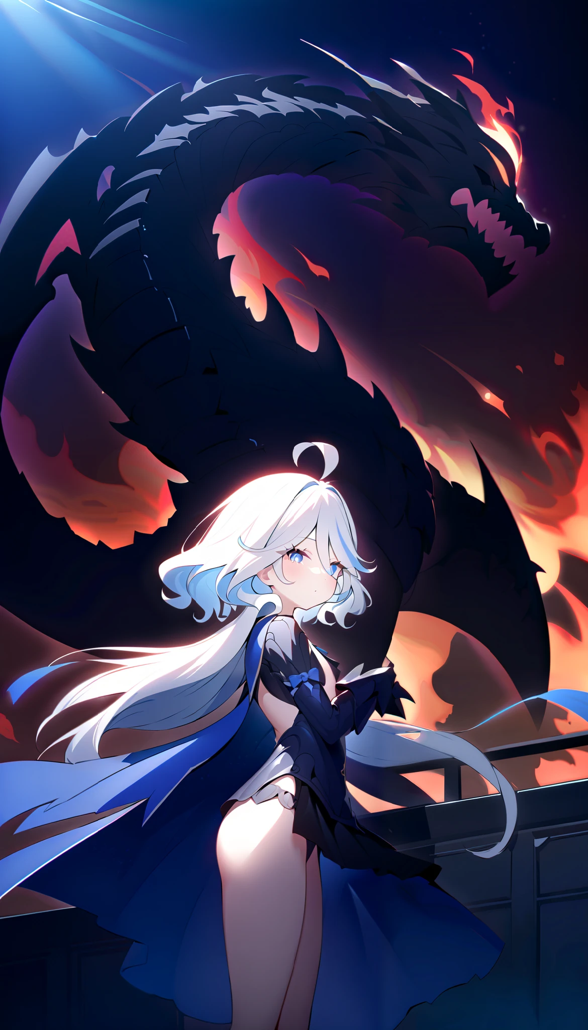 "A beautiful and innocent warrior, inspired by Furina. She has long white hair, shiny, flying in the wind, sparkling eyes exude confidence and strength. She stands on the porch between the dark and smoky ancient battlefield, red light from the flames reflected onto the shiny black dragon scale armor. Armor made of high-tech metal, hugs her petite yet charming body, accentuate soft curves and plumpness. Shoulder-length armor design, revealing blue bones and slender shoulders, add femininity. Her hands behind her back, chest protrudes forward, Proud and indomitable divine. Complex lighting and subtle shadows create so the strong contrast, accentuates the mysterious and captivating warrior atmosphere amidst the dark scenery, Alone."
