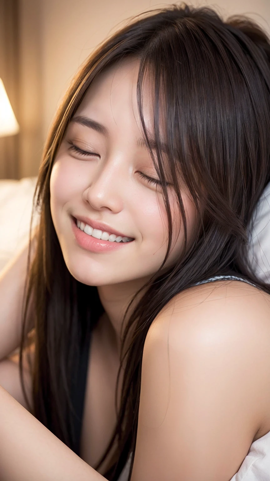 Highest quality, Realistic, In detail, High resolution, 8k wallpaper, Perfect dynamic composition, Beautiful details, Random sexy poses,bedroom、Laughter、(Droopy Eyes 1.3)、Japanese、((naked)),(((beautiful pussy))))show her pussy、Highest quality、Complete limbs、Full Finger、Slender beauty、Straight hair、Twin tails、