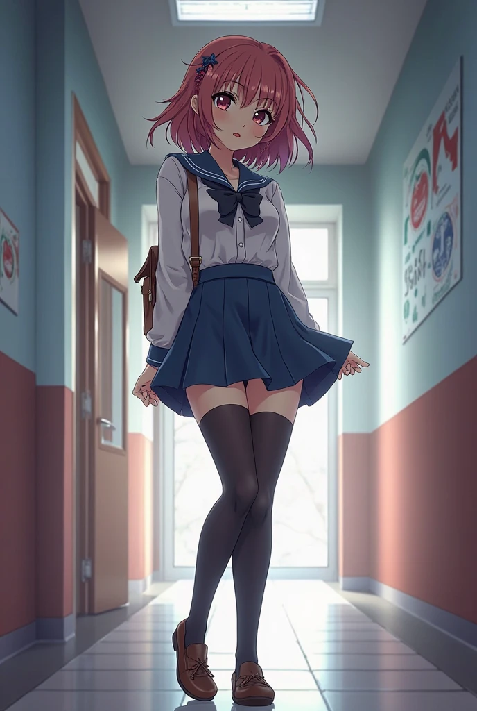 "Illustration of a girl in with red and pink plaid skirt, high stockings and hands timidly grabbing the skirt. The image should be focused from the waist down, showing only the girl's legs and hands."