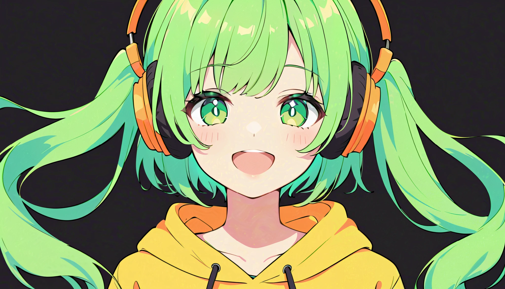 flat color, 
1girl, solo, 
green hair, twin tail, green eyes, 
headphones, happy, Front view, upper body, 
hoodie, 
simple background, black background,