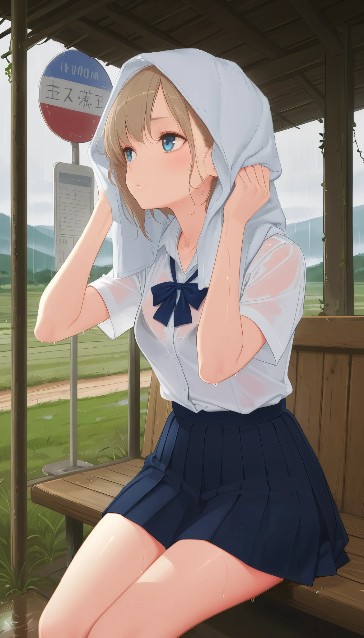 (masterpiece, amazing quality, best quality, ultra-detailed, 8K, illustration, CG, shiny hair, clear skin, ultra-detailed-eyes, (cute body:1.4), tall, cute anime girl), 1girl, solo,
elegant woman, light brown hair, blue eyes,wet, wet clothes,bra visible through clothes, black bra,skirt, white shirt, blue skirt,blue pleated skirt,
wiping with a towel, drying with a towel, holding a towel,drying hair, wiping wet hair, towel on head, rubbing hair with towel,
towel wrapped around head, towel draped over shoulders, holding towel in both hands,
school uniform, looking up, cowboy shot, bench, sitting,
covered bus stop, small shelter, wooden shelter, old roofed bus stop,weathered bus stop sign,
rain, raindrops, wet ground,
rice fields, narrow road, overgrown grass, dirt road, mountains, hills, misty fields,
old wooden shelter, abandoned bus stop,
cinematic, moody, dramatic lighting, cozy, solitude, nostalgic,