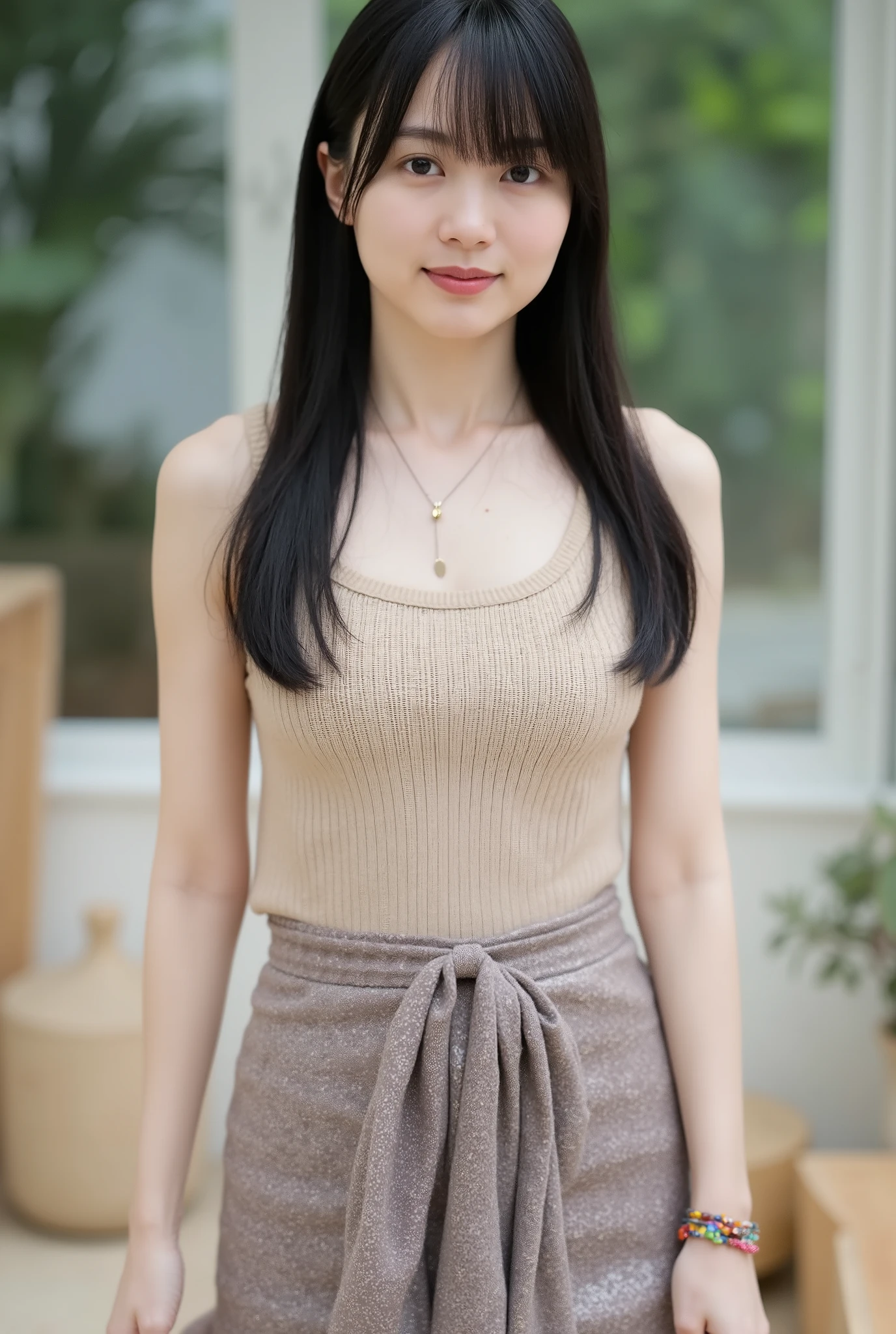 best quality, 8k, masterpiece, Ultra High Resolution, (photorealistic: 1.4), RAW photo, ( black hair 、Bright and long hair ), (knitted tanktop, plated skirts), (Tied at the waist:1.3), slim abs: 1.1,((super Big breasts:1.6)),  ((necklaces,  colorful bracelet , x Hair Ornament)),solo, ((full body:1.7)), open breast, beautiful thigh, vurious pose, sensual body, close mouth.