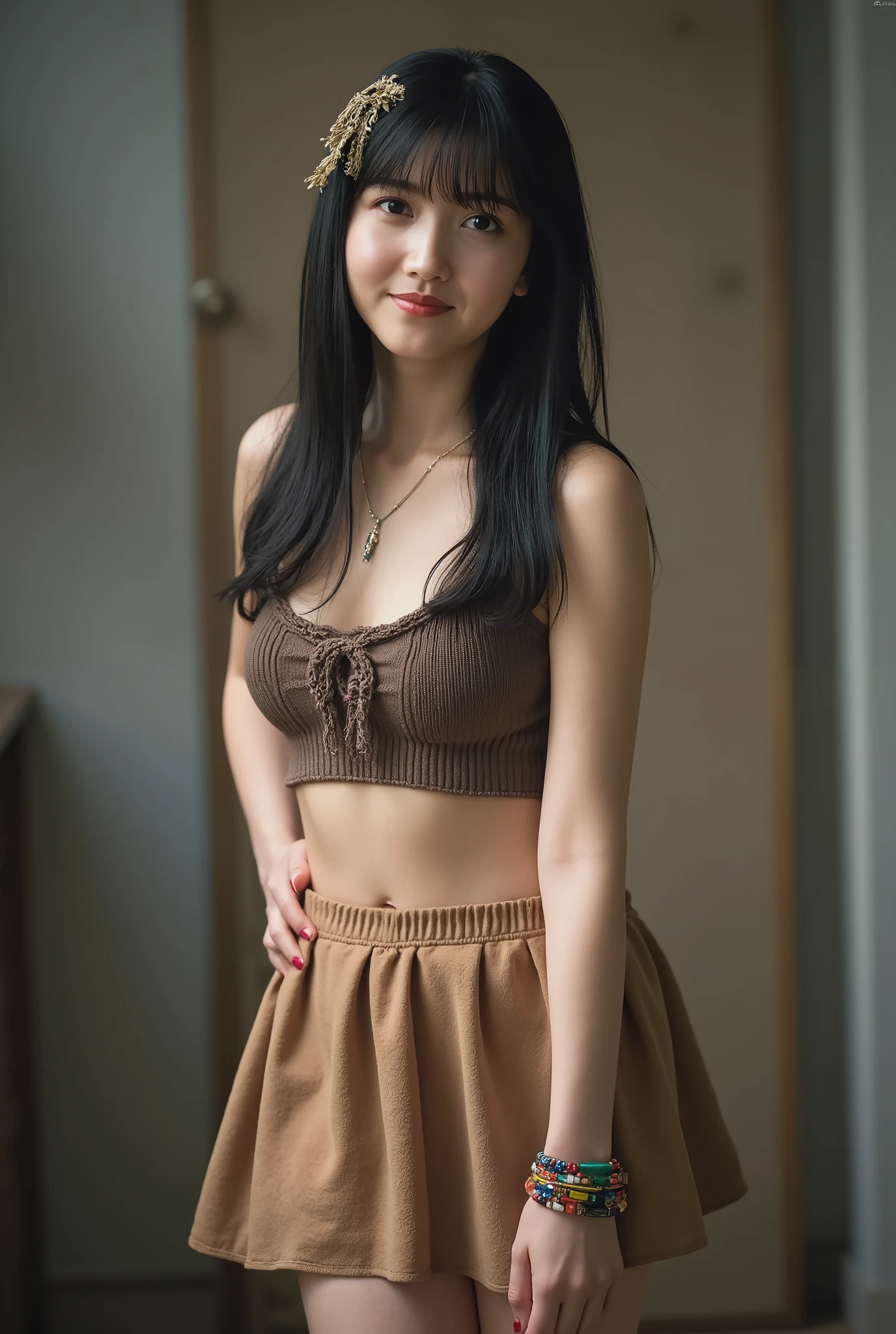 best quality, 8k, masterpiece, Ultra High Resolution, (photorealistic: 1.4), RAW photo, ( black hair 、Bright and long hair ), (knitted tanktop, plated skirts), (Tied at the waist:1.3), slim abs: 1.1,((super Big breasts:1.6)), ((necklaces, colorful bracelet , x Hair Ornament)),solo, ((full body:1.7)), open breast, beautiful thigh, vurious pose, sensual body, close mouth.