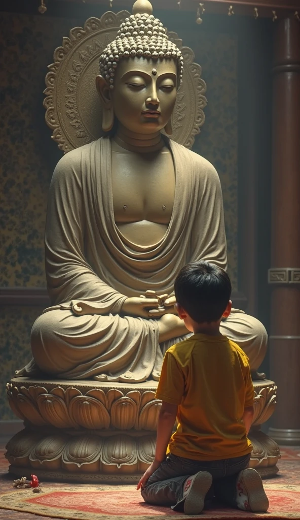 Best quality, extreme details, masterpiece, 8K wallpaper, official art, a pious cute praying in front of the Buddha statue