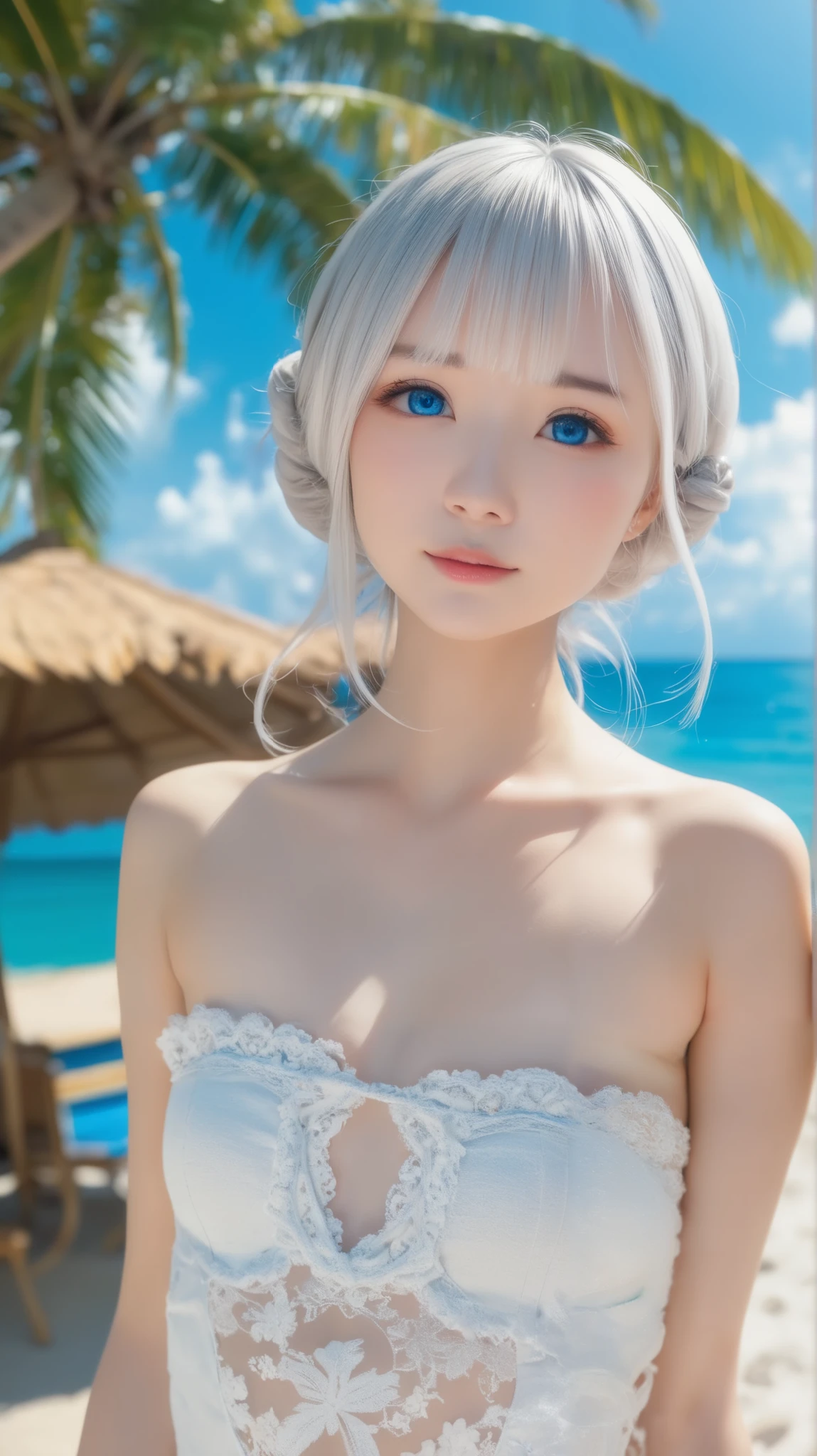 best quality, (masterpiece:1.2), Very detailed, permanent, beach, cat ears,
1 girl, alone, Tojo kitten,
looking at the audience, Keep your mouth shut, (whole body:1.2), huge breasts:1.8,toe:1.5,
yellow eyes, white hair, short hair, hair accessories, frilly bikini