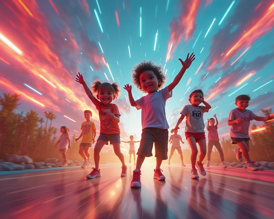 This prompt describes a close-up shot of delightful black babies, radiating joy, wearing bright and vibrant neon clothes and seated on top of gigantic, floating jellyfishes illuminated by neon lights. Surrounding them is a stunning coral reef, bursting with vibrant neon colors and shimmering water ripples, all set against the backdrop of outer space. The scene is further enhanced by light piercing through, creating a breathtakingly beautiful and vibrant glowing effect. The image is presented in ultra HD, showcasing hyper-realistic details that draw the viewer into this mesmerizing world. With a resolution of 32k, this masterpiece