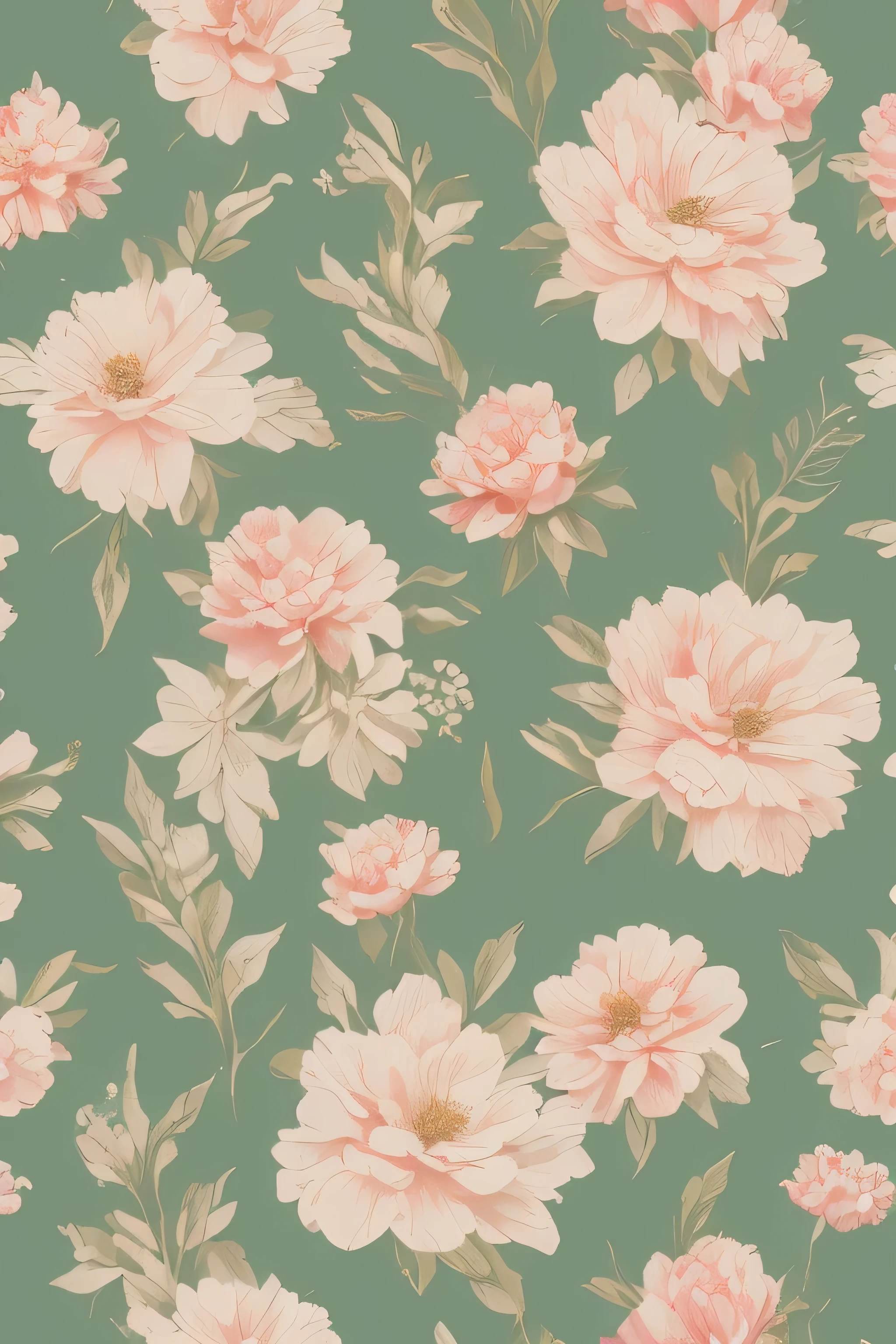 Create a seamless floral wallpaper design featuring delicate hand-drawn flowers in soft pastel tones. The pattern should be elegant and soothing, ideal for home interior walls. Use a harmonious color palette with gentle contrasts, incorporating botanical elements like leaves and blossoms for a natural, aesthetic feel. The design should be high-resolution, perfect for large-scale printing, and have a timeless, vintage-inspired touch