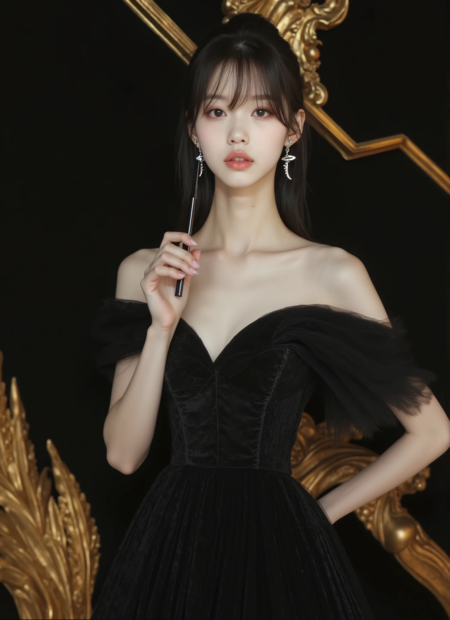 1 woman, Black formal long dress,white background,   