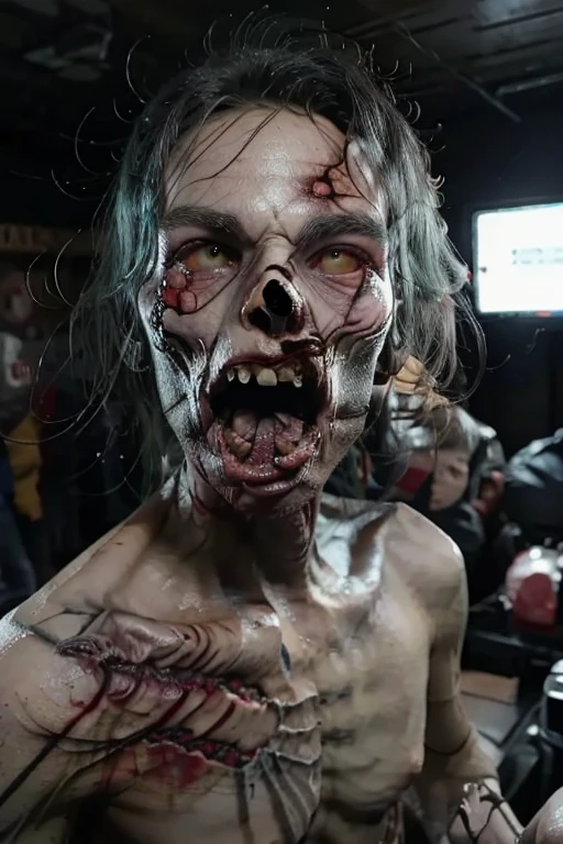 (realistic:1.37),head to toe ultra-realistic depiction,zombie woman,decaying body from head to toe,detailed rotting flesh,necrotic features,necrosing body,dirty and torn clothes