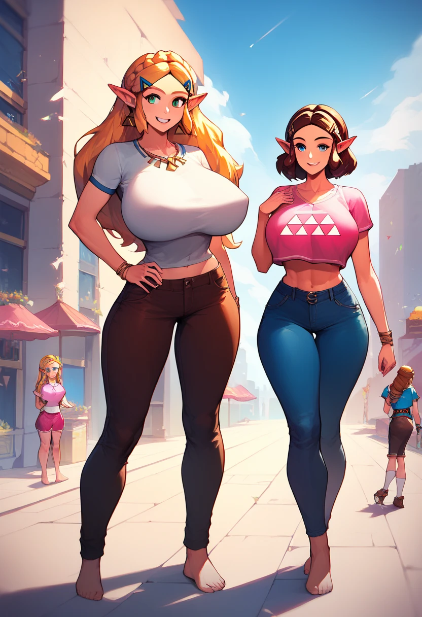 Mother and daughter with huge breasts with sexy cleavage walking in the park