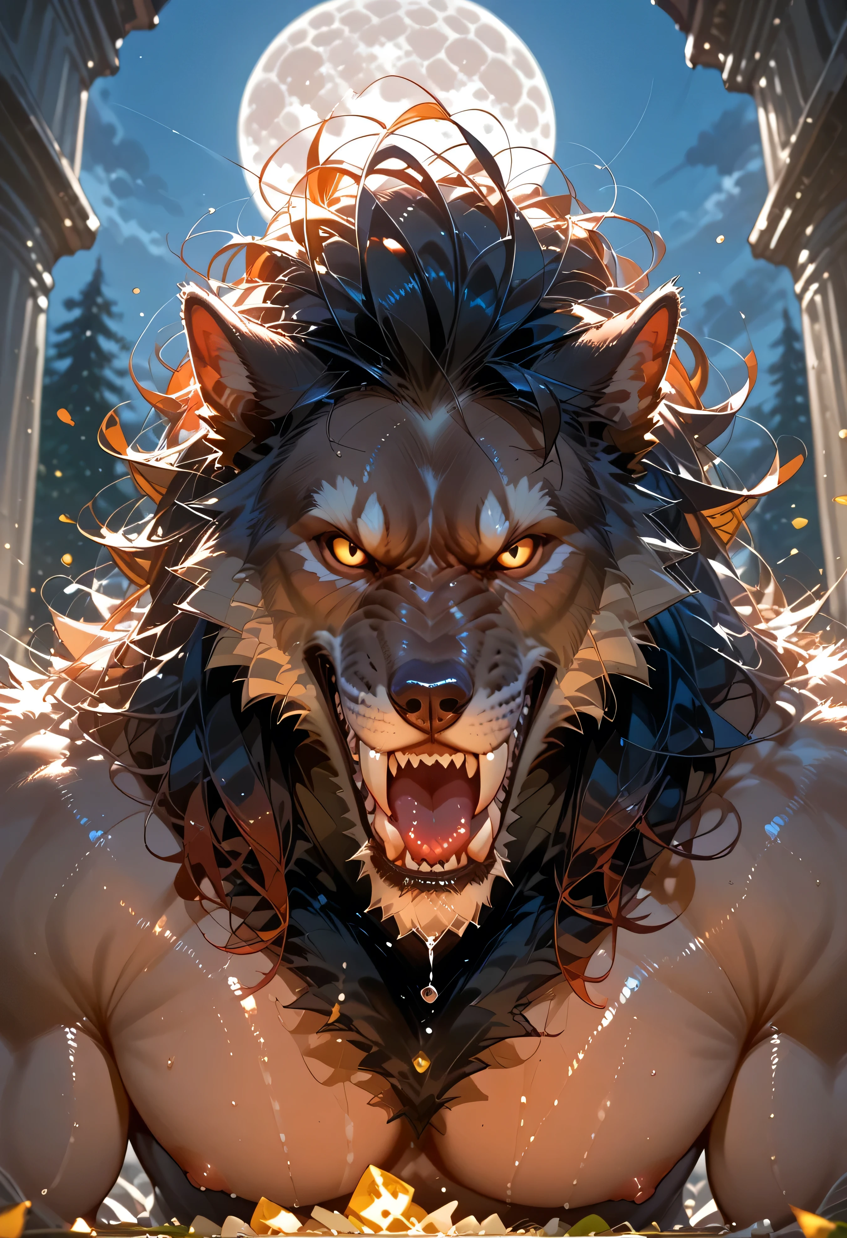 king? Werewolf. queen? Has no idea. Until one full moon, when queen witnesses king transforming. queen should be terrified of the fangs and claws, the fur, the animalistic prowling of king coming closer and closer to them. Instead queen is primally excited, and reaches out to touch king... queen touches everywhere king will let them touch.