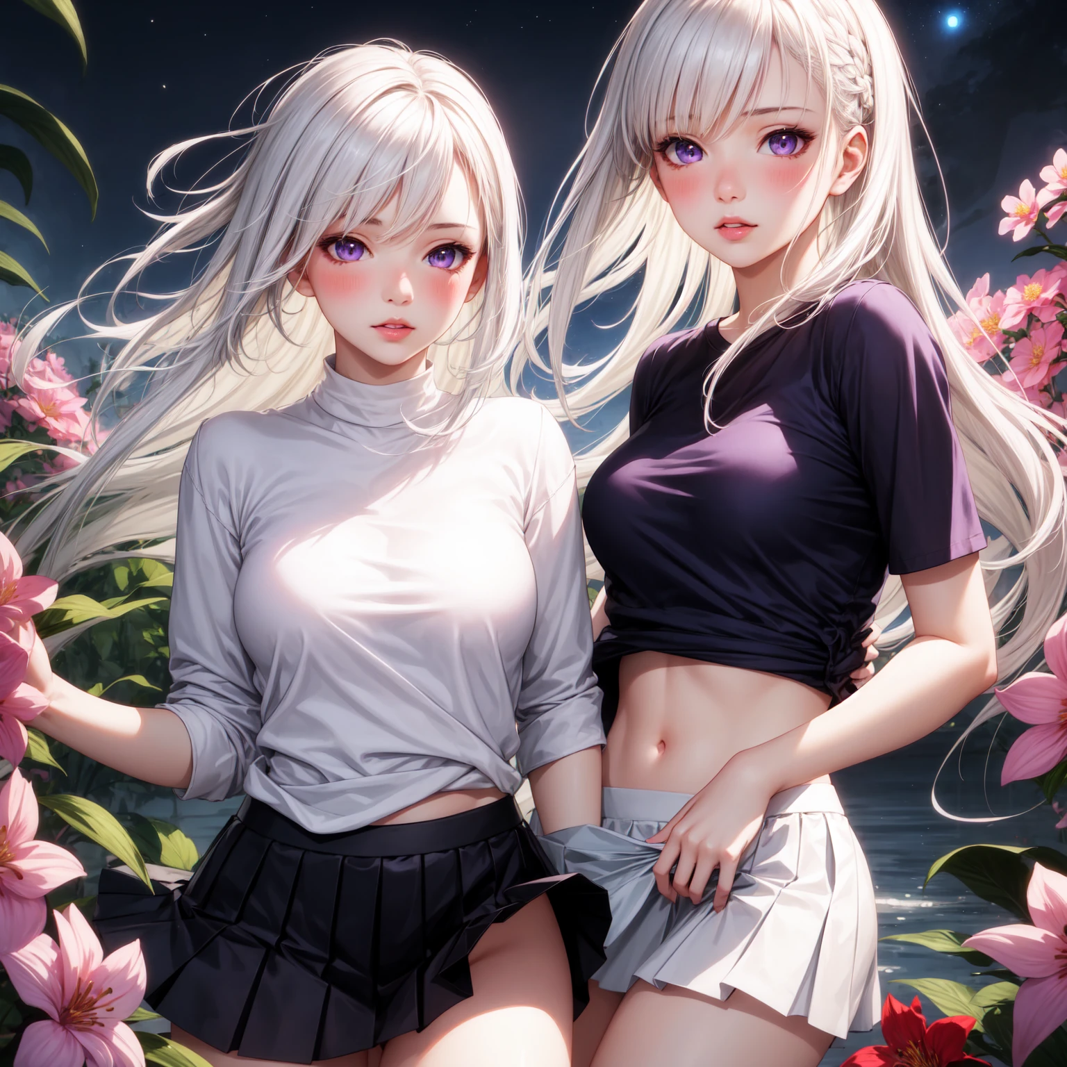 smile、Red cheeks、Official Art, masterpiece, Highest quality,Portrait of two girls、, JK,Tank top、(silver, metallic, ) 8K, Blonde, High resolution, ( flower_Styler:1.2)(headphone:1.2),(Excellent rendering, Stand out in the same class), (Amazing details, Excellent lighting, Wide-angle), Big Breasts(0.6), Absolute area, Detailed Background、Panty shot