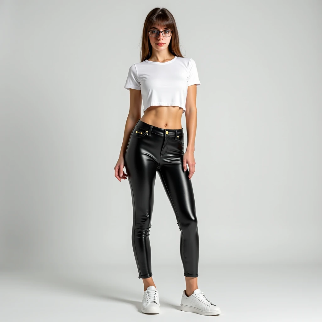 A sexy korean woman, long flowy blonde hair, glossy lips, plump body, long legs, heavy breasts, giant breasts, huge breasts, massive breasts, juicy breasts, succulent breasts, enormous breasts, braless, wearing casual white tight shirt with rounded-neck jersey short-sleeve, black leather pants, high heels, stilettos, full body, standing on the floor, detailed body, at photo studio, white backdrop, dynamic light, 8K, masterpiece, ultra detailed, professional studio lighting.