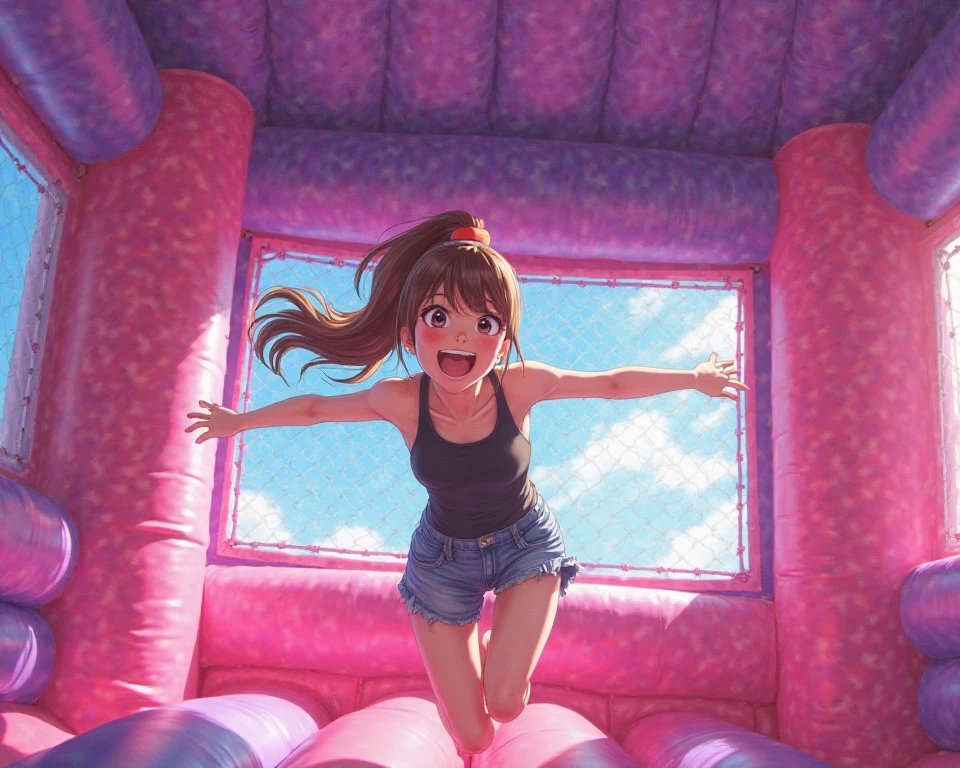 Girl smiling and jumping on trampoline, barefoot, anime, realistic animation style