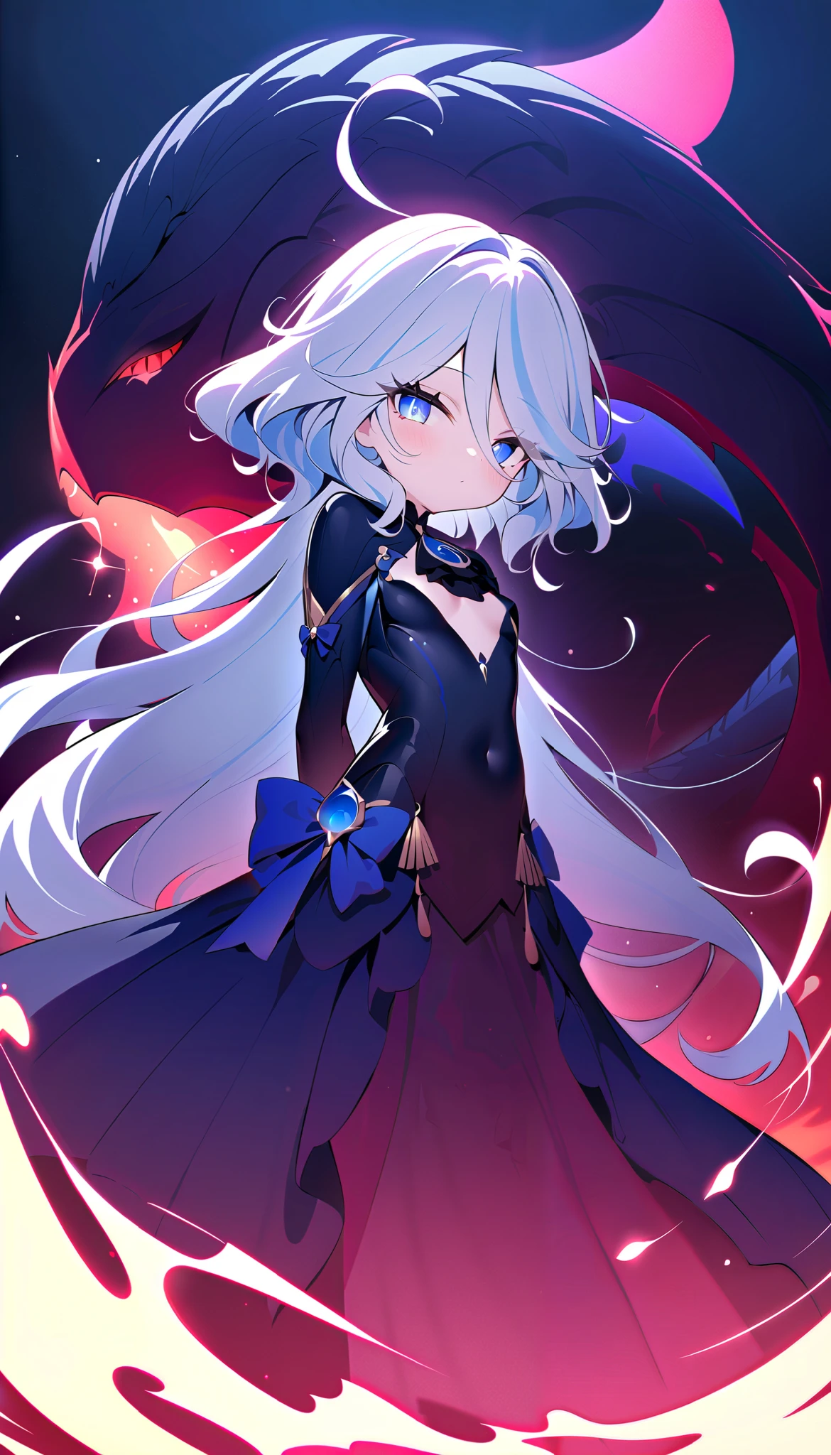 "A beautiful and innocent  warrior, inspired by Furina. She has long white hair, shiny, flying in the wind, sparkling eyes exude confidence and strength. She stands on the porch between the dark and smoky ancient battlefield, red light from the flames reflected onto the shiny black dragon scale armor. Armor made of high-tech metal, hugs her petite yet charming body, accentuate soft curves and plumpness. Shoulder-length armor design, revealing blue bones and slender shoulders, add femininity. Her hands behind her back, chest protrudes forward, Proud and indomitable divine. Complex lighting and subtle shadows create so the strong contrast, accentuates the mysterious and captivating warrior atmosphere amidst the dark scenery, Alone."