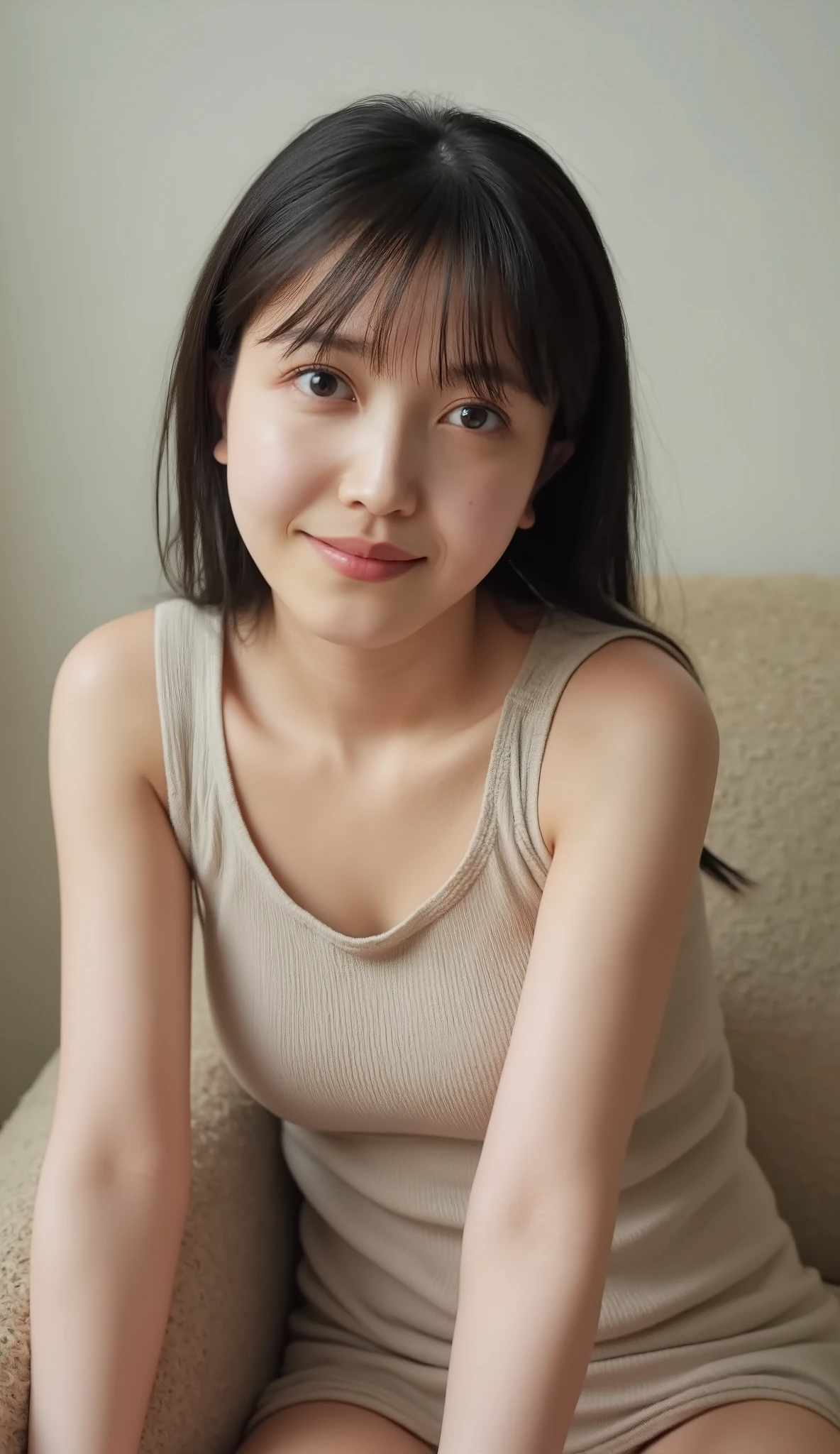 best quality, 8k, masterpiece, Ultra High Resolution, (photorealistic: 1.4), RAW photo, ( brown hair 、Bright and long hair ), (wearing tank top), (Tied at the waist:1.3), slim abs: 1.1, (((Standing leaning forward in the classroom、open your legs ))), ((big natural breast , huge breast , Big natural breasts)),solo, ((full body:1.4)), (kuboshi)