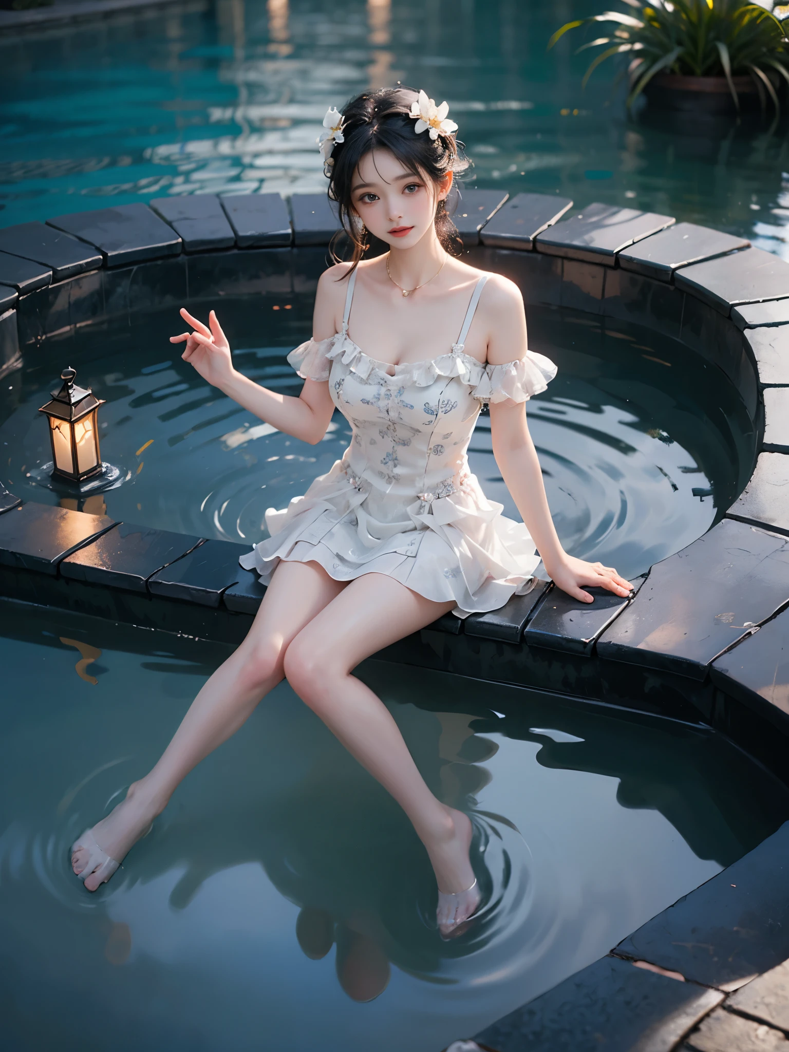 ((Girl lying in the swimming pool))、She gently lifted her skirt with one hand,Make gentle and playful gestures,((Lots of flowers瓣)), Lots of flowers,Many petals scattered,Cherry tree,Petals are flying all over the sky,Beautiful and charming woman, Elegantly, Her full breasts revealed.,Visible cleavage,The skirt is short,Natural legs,Sexy long legs,Correct and natural legs,Smooth skin,Slim and cute beauty, Eyes sparkling,Her skin is flawless。Her curves are highlighted。Shine in the light,The color is pastel,She lay confidently,One hand on hip,Her posture is both graceful and strong..。She wore elegant high heels,It matches her dress very well.。In the warm golden sun。The overall atmosphere of the picture is peaceful and uplifting,Emphasis on natural beauty and elegance, Studio Lighting,Vibrant colors, Cute girl, sweet smile, cosmetic,Shy,blush,open mouth,Heavy breathing,moan,超realism,realism,Movie Lighting,Comfort,Sony FE GM,Retina,masterpiece,precise,Anatomically correct,Textured Skin,Super Detail,High Detail,best quality,rich and colorful