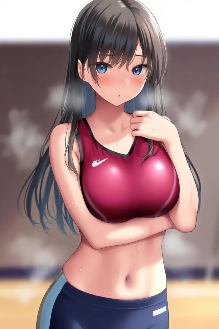girl, in the gym, (huge breasts), long black hair, blue eyes, Red sweatshirt, shorts, cleavage, (abdominal muscles)