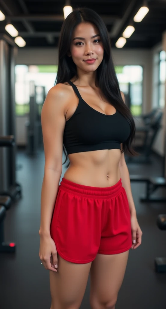 Venezuelan mestizo woman, Caucasian with indigenous features., light brunette, straight black hair, Almond eyes, thick eyebrows and eyeliner, thick lips and eyeliner, turgid figure, Dressed in short, tight shorts, Blouse close to the body. Scene in the gym on a bicycle