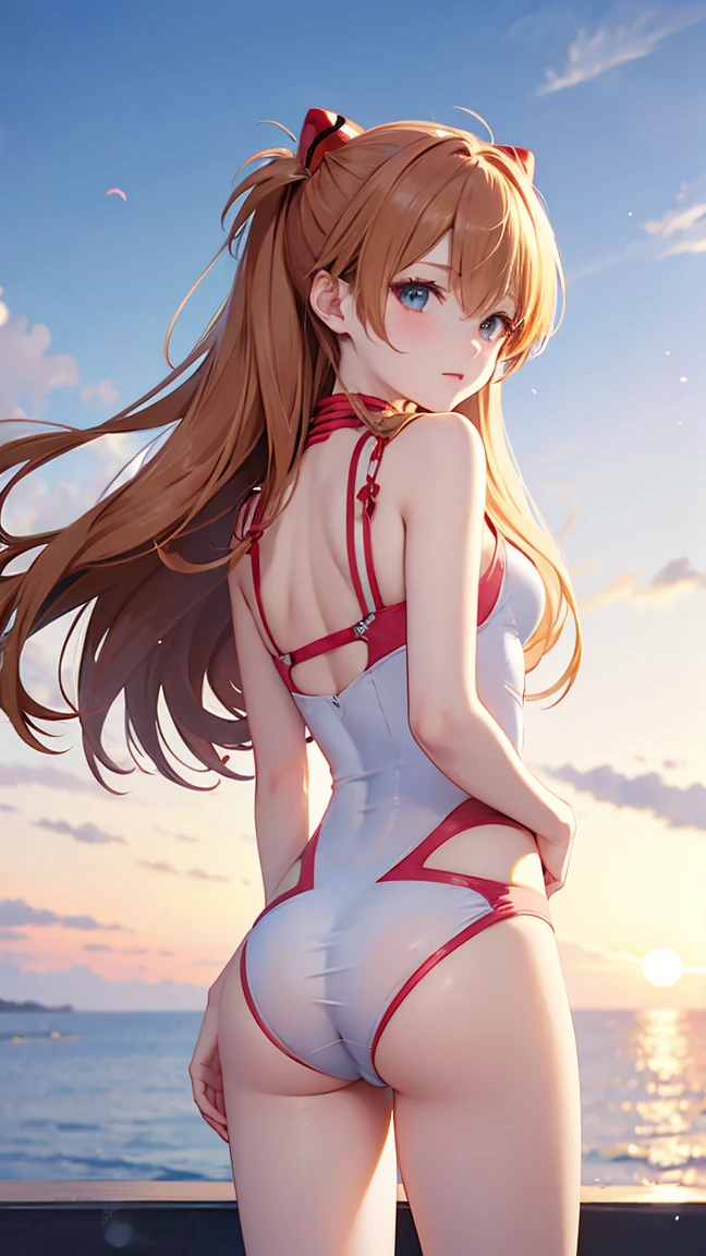 (masterpiece, best quality, detailed), Asuka Langley Soryu, neon genesis evangelion anime, sexy girl, nacionalidad alemana, poderosa, tiene su uniforme de la escuela, YOUNG, skynny body, small and beautiful buttocks, toned abdomen, small and beautiful breasts, obscene, sensual, malevolent, Eva 03 en el fondo, edificios in the background, dramatic background, nubes, ciudad de Tokyo 3, pose sensual, el cielo esta resplandeciente, el sol ilumina su belleza, sensual look, cuerpo completo, beautiful blue eyes, classic hairstyle,Hair dyed in bright red color, best quality,4k,8k,A high resolution,masterpiece,ultra detailed,Realistic, Photorealistic,photo realistic