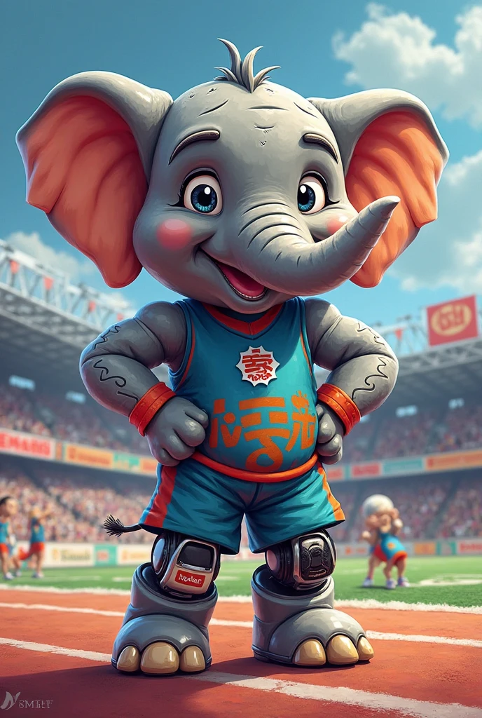 (chibi Emoji Meme), ACGN art style, funny photo portrait of a grotesque (Olympic shot athlete elephant), athlete suit, (upper body), strange eyes, Olympic background, emoticon. emotional, dynamic movement, vivid, (masterpiece, best quality, absurdres, ultra-detailed, intricate details:1.3)