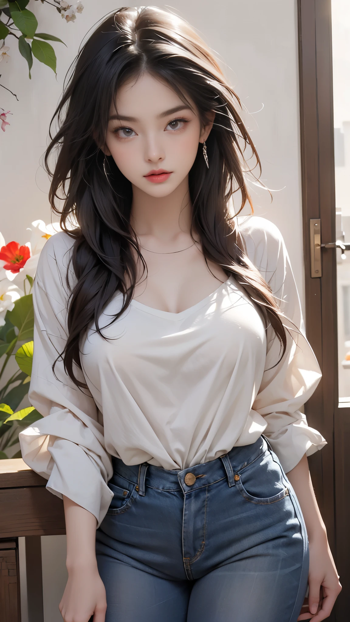 Photorealistic, high resolution, 1womanl, Solo, Hips up, view the viewer, (Detailed face), Blue hair, Long hair, Wear only a long shirt,blue-shirt