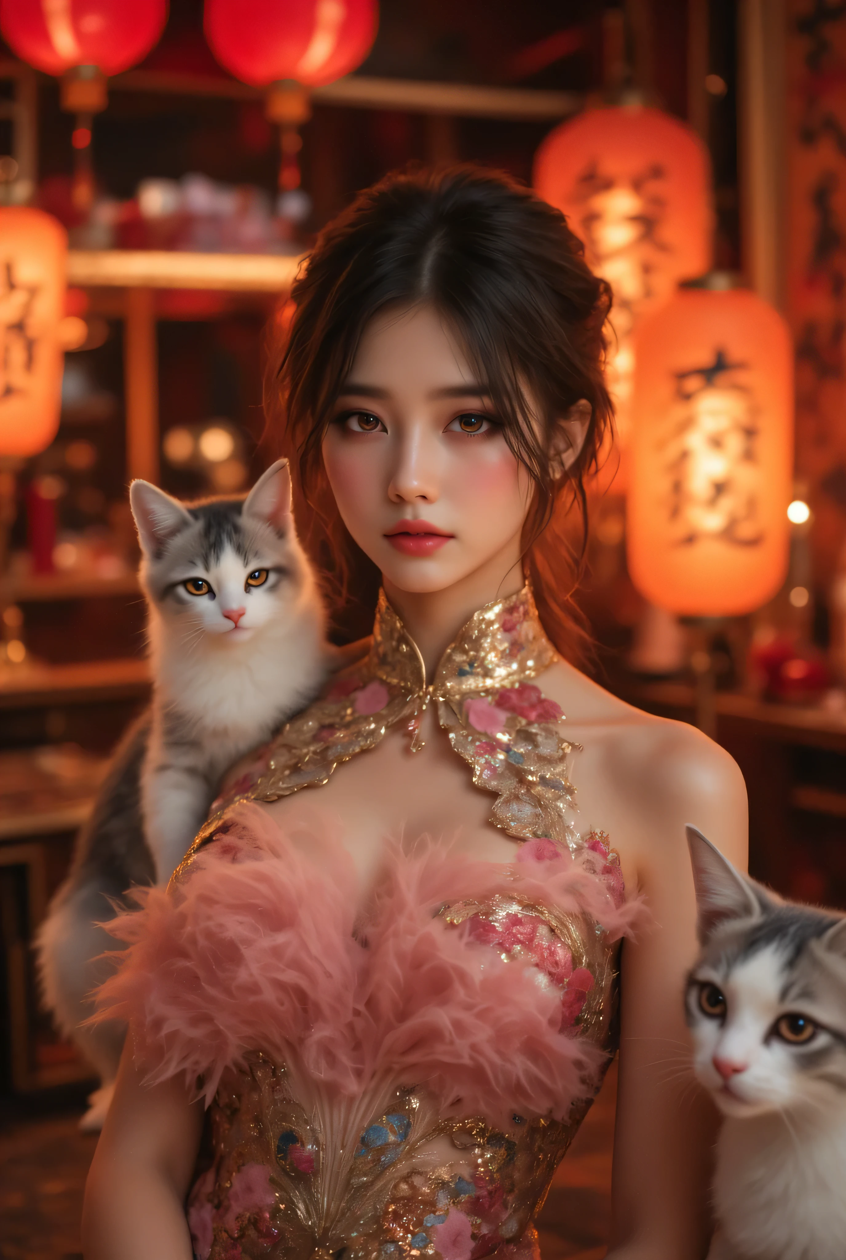 1girl, Cat ears、 face up,  attractive,   pretty girl, ponytail、  ((   fine facial features  , eroticism)),   dramatic lighting    ,  realistic , 8k,     Dramatic Shadows  ,    intricate and elaborate patterns     ,      super detailed photo      ,     chiaroscuro lighting   ,     Pleasant colors   ,     deep contrast   ,    super real 、 pink lipstick、 pretty earrings, pretty necklace, pretty hairpin, warm room、Vintage Fireplace 、 cinematic composition、Close-up of face,  shining jewelry, pretty half part transparent open shoulder loose outfits dress, tang style, A beautiful Korean idol wearing a short colourful tightly cheongsam with phoenix and intricate floral golden embroidery, golden and silver outline on dress, hand with pink feathers paper fan and paper fan have golden ink drawing on it, standing gracefully in a room filled with traditional Chinese New Year decorations. The room features vibrant red lanterns, decorative calligraphy scrolls, a small Chinese orange tree with golden ornaments, and several red envelopes scattered across the floor and hanging from the tree. Adorable, playful cats are part of the scene—some sitting near the tree, others curiously pawing at the red envelopes or lounging around. Through a window or an open door in the background, vibrant Chinese fireworks light up the night sky in an array of reds, golds, and blues, casting a magical glow into the room. The idol’s outfit is paired with subtle accessories like red hairpins or earrings, complementing the festive look. The atmosphere is warm and lively, filled with the joyful essence of the celebration, enhanced by the shimmering lights of the fireworks and the lively decor.