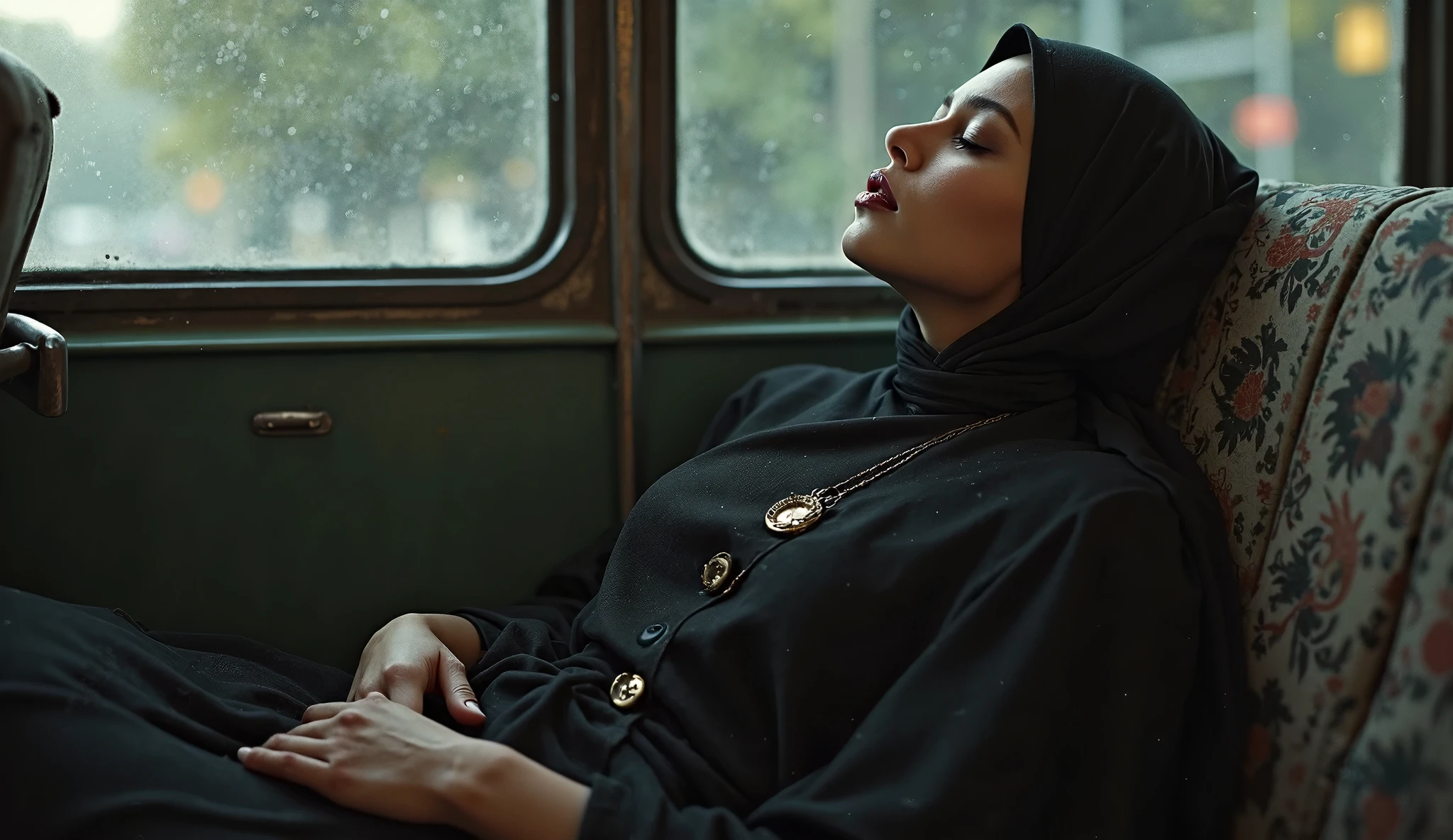 1 beautiful woman,
, maroon lips, made-up eyelids, two-button saree black and hijab full body displayed sleeping sitting on the bus, mouth open, eyes closed