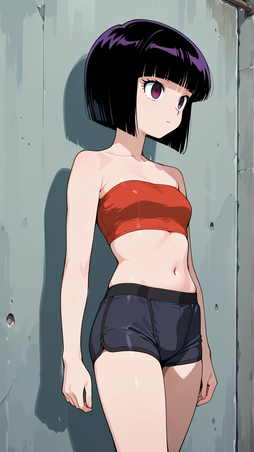 (masterpiece, best quality:1.2),  noodle (gorillaz), 1girl, black hair, solo, black eyes, short hair, bob cut, , small breasts, shy expression, (parted lips:1.4), (nose blush:1.2), foreshortening, blackcutoffs, (eye contact), high contrast, ultra high res, high resolution, detailed, breasts visible, Showing breasts, (cinematic lighting), ((high-angle view)), (half body shadow), [backlighting], [crepuscular ray], [detailed ambient light], [gray natural lighting], [ambient light on the belly], (higher wildlife feral detail), [explict content], [sharp focus], (questionable content), (shaded), Commission for High Res, detailed image, bright colors, detailed face, perfect lighting, perfect shadows, perfect eyes, girl focus, flawless face, gorgeous body, shiny body, center focus, gaze at the viewer, 1girl, solo, (masterpiece:1.21), (best quality:1.2), (illustration:1.2), (cinematic lighting:1.3), balanced coloring, global illumination, ray tracing, good lighting, cleavage, attractive body, sexy body, looking at viewer, SFW, backboob, black panties, breasts, brown hair, crop top, cutoffs, denim, denim shorts, facing away, from behind, highleg, highleg panties, long hair, micro shorts, panties, short shorts, shorts, sideboob, simple background, solo, tank top, thighs, thong, underboob, underwear, field, grass, walkway, huge ass, wide hips, arms at side, skinny, young