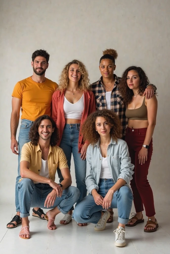 group of women and men modeling casual clothing, Each of them must be of a different race and build., Let&#39;s use skinny women, black, fat, thin, curly and straight