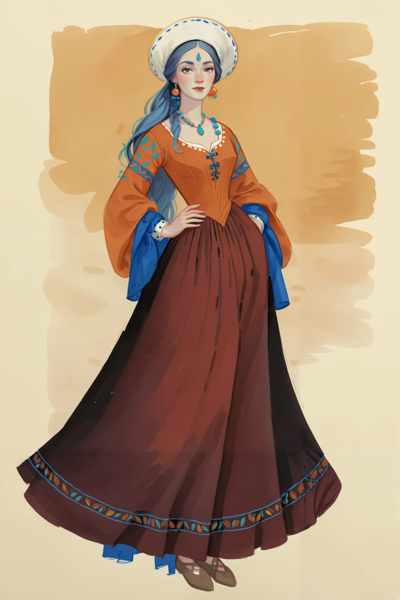 score_9, score_8_up, score_7_up, score_6_up, score_5_up, score_4_up, 1_woman, blue skin, long_hair, wearing a vibrant long peasant medieval dress, detailed clothing, sketches, detailed thick gouache painting, illustration, in gougoupaintleaves style:1.5, hyper_dynamic scene, pov from above, sattan style, XLCOMIC_POS