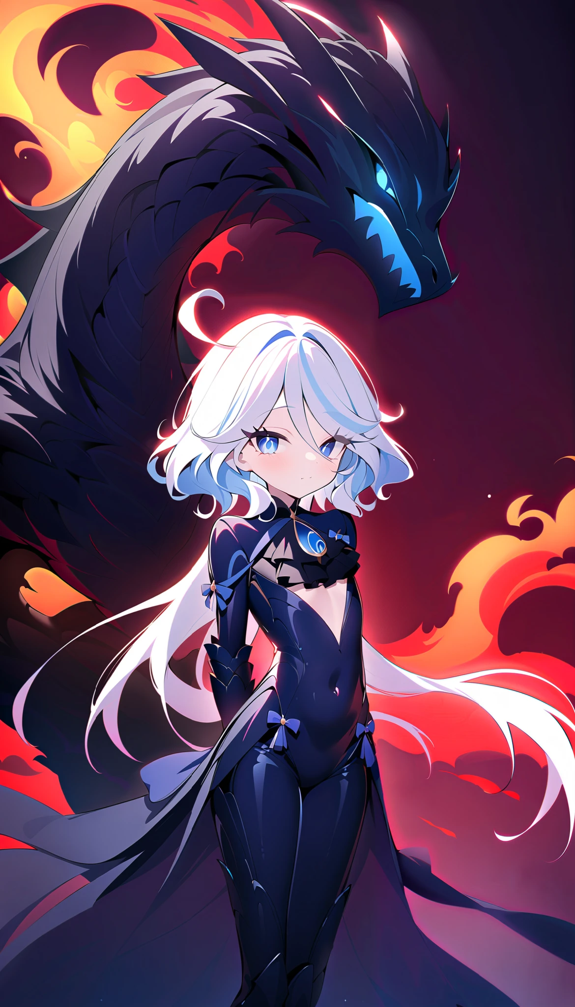 "A beautiful and innocent warrior, inspired by Furina. She has long white hair, shiny, flying in the wind, sparkling eyes exude confidence and strength. She stands on the porch between the dark and smoky ancient battlefield, red light from the flames reflected onto the shiny black dragon scale armor. Armor made of high-tech metal, hugs her petite yet charming body, accentuate soft curves and plumpness. Shoulder-length armor design, revealing blue bones and slender shoulders, add femininity. Her hands behind her back, chest protrudes forward, Proud and indomitable divine. Complex lighting and subtle shadows create so the strong contrast, accentuates the mysterious and captivating warrior atmosphere amidst the dark scenery, Alone."
