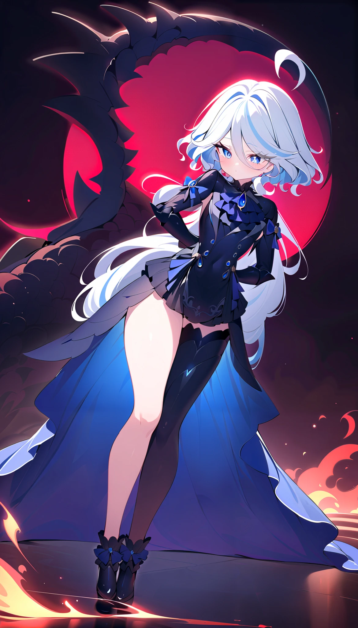 "A beautiful and innocent warrior, inspired by Furina. She has long white hair, shiny, flying in the wind, sparkling eyes exude confidence and strength. She stands on the porch between the dark and smoky ancient battlefield, red light from the flames reflected onto the shiny black dragon scale armor. Armor made of high-tech metal, hugs her petite yet charming body, accentuate soft curves and plumpness. Shoulder-length armor design, revealing blue bones and slender shoulders, add femininity. Her hands behind her back, chest protrudes forward, Proud and indomitable divine. Complex lighting and subtle shadows create so the strong contrast, accentuates the mysterious and captivating warrior atmosphere amidst the dark scenery, Alone."