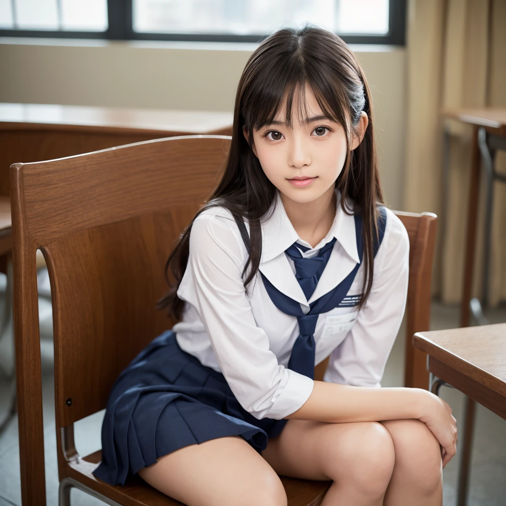 High resolution, Super detailed, Realistic, 1 beautiful Japan schoolgirl, Highly detailed beautiful face, Straight hair, Short Tail、Black Hair, Beautiful feet, A light smile, underwear, classroom