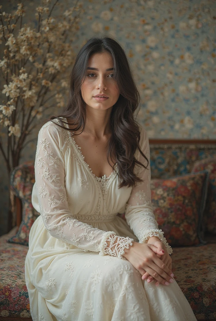 A Highly detailed close up photograph of A serene woman with a gentle smile, sitting at a distressed wooden patio table adorned with lace trimming, in a sun-drenched garden overflowing with vibrant greenery and blooming flowers in soft pastel hues. She wears a flowing, ivory linen dress with intricate lace details, and her long, hair cascades down her back. Morning light casts a warm glow on her peaceful face, as she holds a delicate, antique cup or reads a worn, leather-bound book, exuding an aura of effortless elegance and contentment.