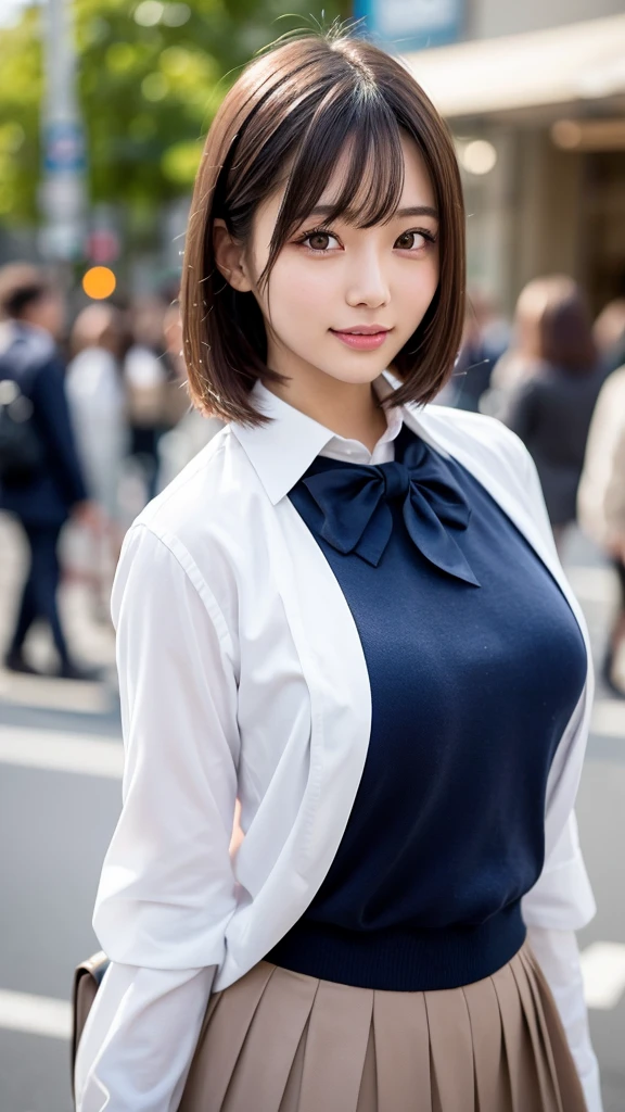 ((highest quality, 8K, masterpiece :1.3)), sharp focus :1.2, beautiful woman with perfect figure :1.4, thin abs :1.2, ((layered haircut, big breasts :1.2)), (Blazer over a very thin white button-up shirt :1.1), city street:1.2, Highly detailed face and skin texture, fine eyes, double eyelid、whole body、short hair、A cute 13-year-old woman of half Thai and Japanese descent..、tanned skin
