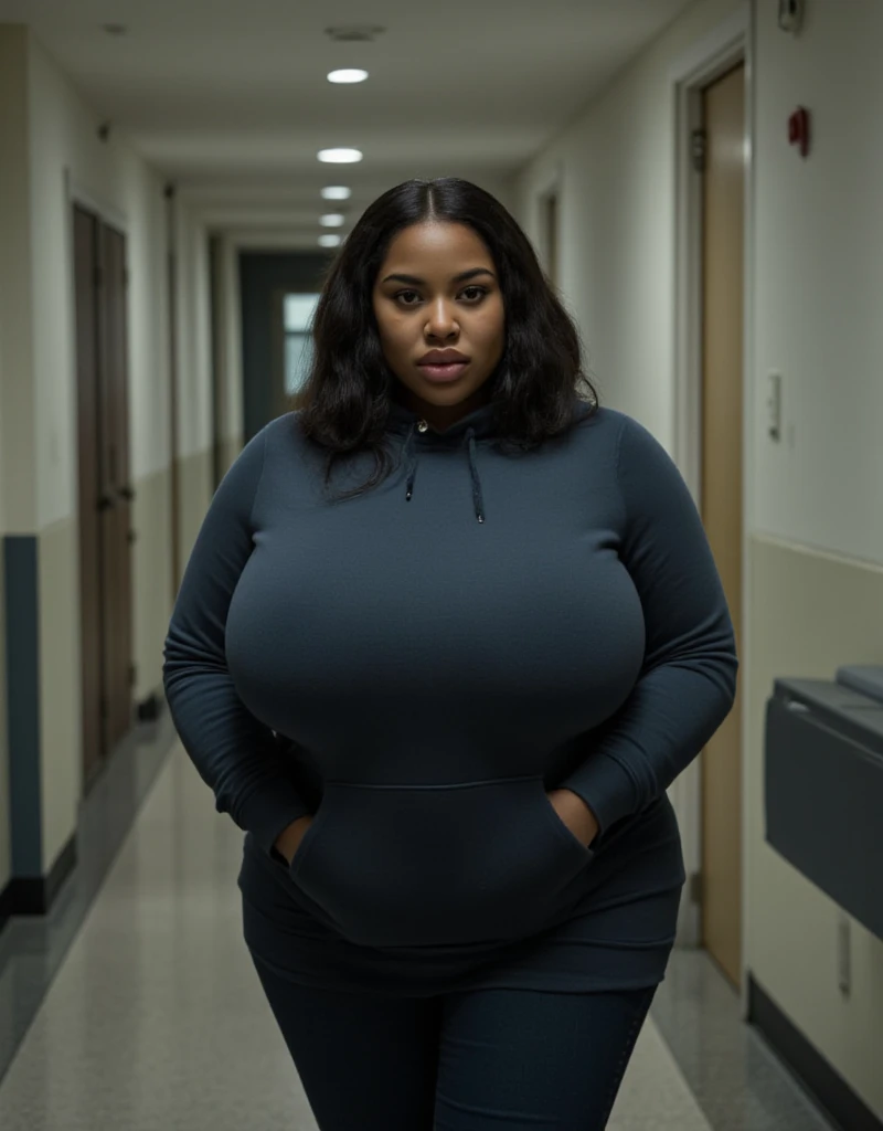 fat obese ebony woman, detailed face, gigant , (nuissette:1.1), closed eyes, closed lips, long straight hair, solo, looking at viewer, (cum on ches:1.3), photorealistic, scowl, in front of you, university classroom,