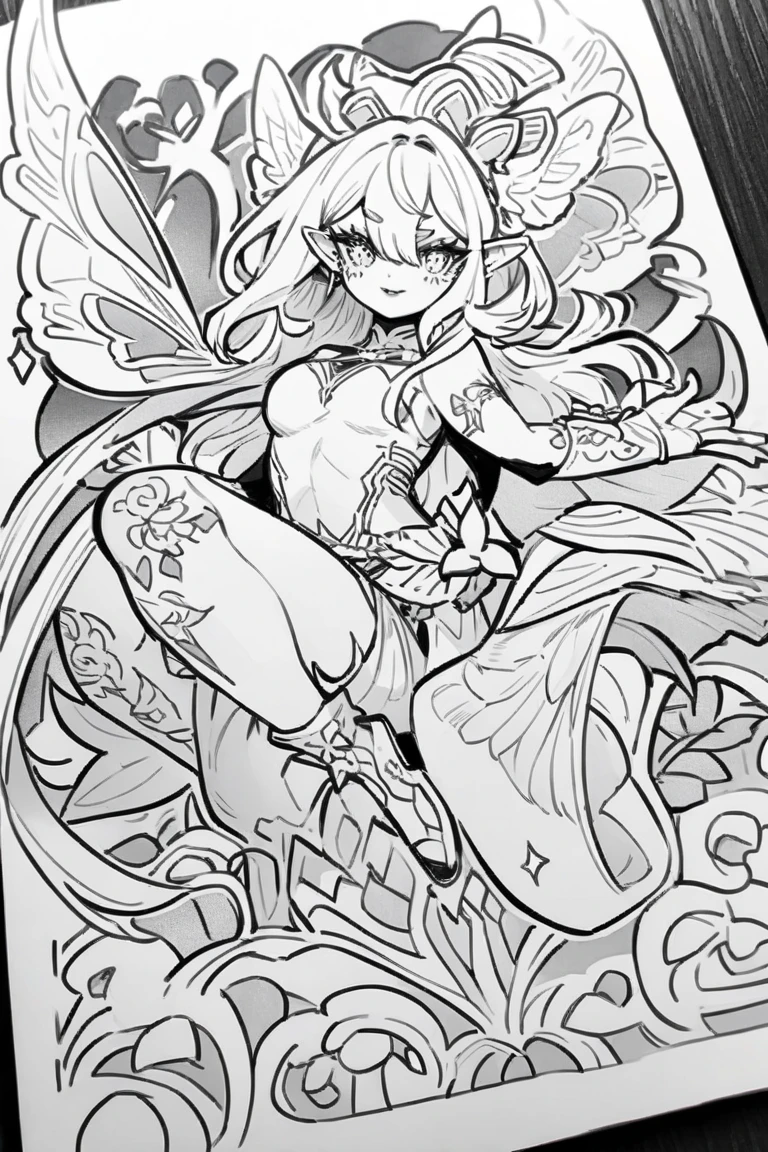 A printable black and white adult coloring page featuring a sexy fairy, clean line art, nsfw, limited shading, white background