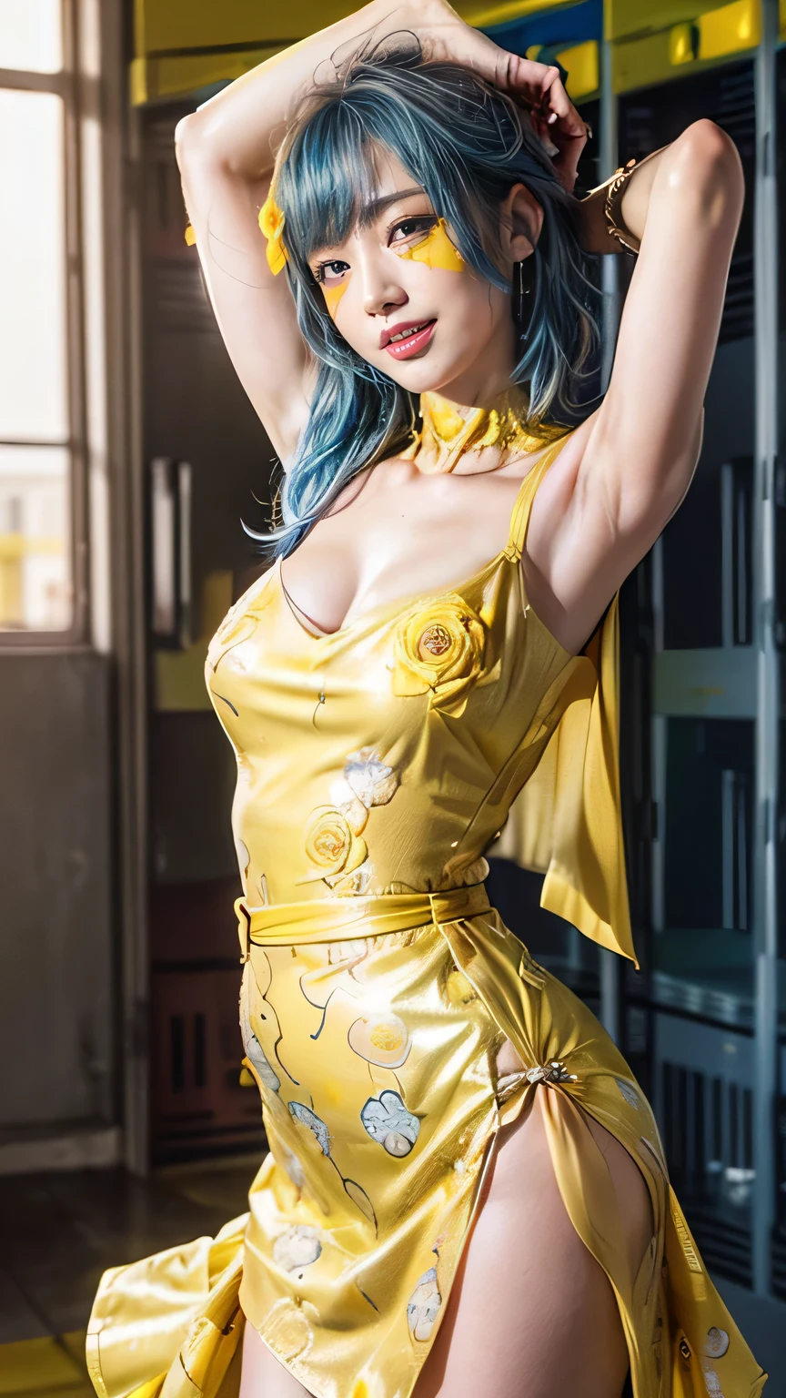 ((Viewer Aim:1.6)),1 girl、(((Smile Shyly and Blush a Little,Cropped Hair, beautiful shiny light blue hair :1.6),silver mesh )),(( Slim waist:1.3,beautiful legs:1)),((Gestures that invite the viewer:1) ,((Rose print dress:1.8)),((yellow dress :2))(((yellow dress :2))),21 years old,(美しい accurate young hand:1,normal breasts:1.3),(top quality,masterpiece:1.3,I can see pink pussy on Super A high resolution,),(very well detailed,caustics),(photorealistic:1.4,RAW shooting) super realistic capture ,very detailed,high resolution 16K human skin close-up。 natural skin texture、, pores 、、、、、、、、teeth、must be detailed enough to be easily identified。 skin teeth must be uniform, healthy shades of human skin 。 Use Natural Light and Color, sad expression, perfect center part, (((LUXURY HOTEL GUEST ROOM:1.9,blurry background with sunlight:1.4))),nffs,((Standing pose to stretch your skirt in the locker room:1.5))、((cowboy shot:1.8))
