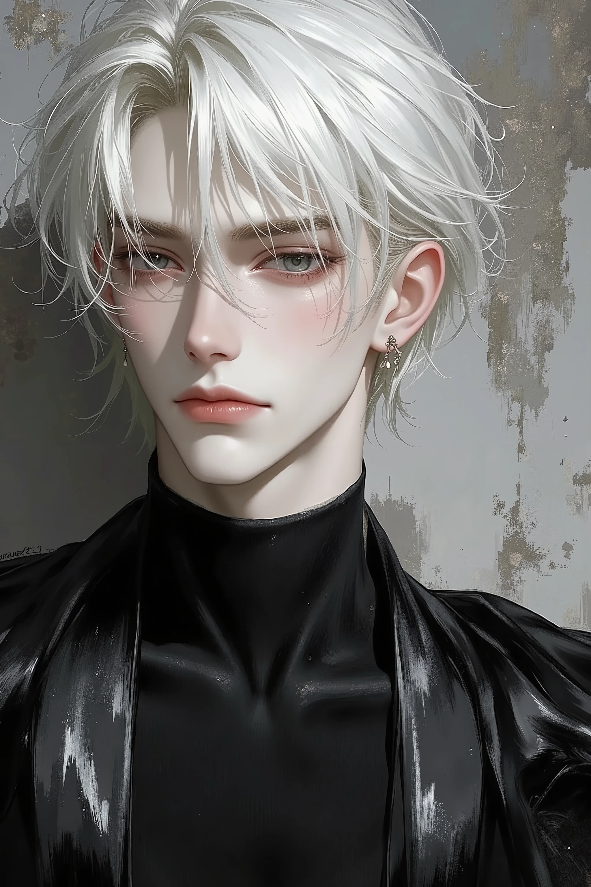 Impasto, white Blonde hair, short hair, masterpiece, best quality, 1 man , bangs, perfect face , black eye , handsome male , alone, pale skin , Adult male , delicate line drawing,Extremely detailed , (black turtleneck), (black kimono with longitudinal stripes), deep shadow, black background, semi-realistic art , semi-realistic art style, Expressive Brushstrokes, vivid brushstrokes , 인상주의 painting, realistic skin, realistic hair, realistic detail, photorealistic, High Details, Perfect Eyes , concrete wall with background , high quality, painting, pixiv illustration