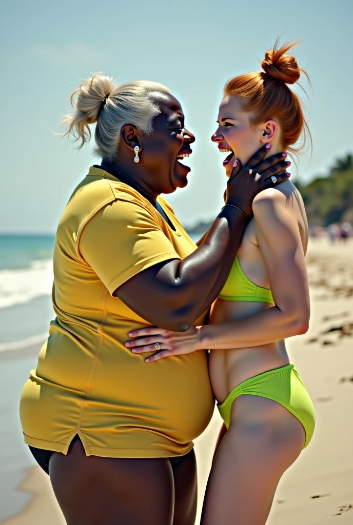 Create a realistic image of a young woman, com 25 anos de idade, white-skinned, long hair and natural red, who is completely naked, being carried in the arms of a 90-year-old lady, obese, Black-skinned, who is wearing a blue closed swimsuit and prescription glasses