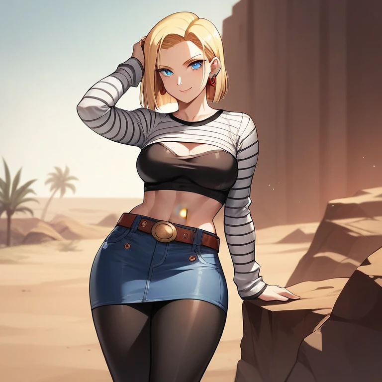 Anime Dragon Ball Android 18、highest quality、masterpiece、real、high resolution、jeans mini tight skirt、sharp eyes、Light Blue Eyes、real人造人間18号