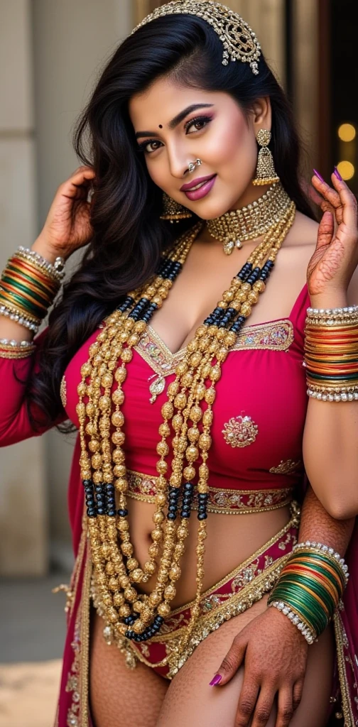 Create an ultra-realistic image of a modern, attractive female influencer of Indian descent, aged between 27 to 30. She should have a warm and inviting smile, expressive almond-shaped eyes with a slight shimmer, and clear, glowing skin with a medium brown complexion. Her features should be well-defined, with high cheekbones and a sharp jawline. Her hair should be long, thick, and wavy, with a natural shine and bounce, styled in an intricate updo with curls and volume, and colored a deep, reddish-purple hue that's bold yet sophisticated. She should have a slender yet athletic build, reflecting a healthy and active lifestyle, with a bust size of 40-42 inches, offering a balanced and proportionate appearance.
She is wearing a vibrant yellow georgette saree with an orange sleeveless blouse. The saree is styled with the pallu neatly pleated and pinned. Her outfit is completed with stylish black heeled sandals that add elegance to her look. She accessorizes with colorful bangles, a statement ring, and a floral hair accessory. Her makeup includes coral lipstick, bronzed cheeks, and mascara, enhancing her natural beauty.
The background should be a vibrant marketplace with colorful stalls, suggesting a lively and dynamic lifestyle. Her overall appearance should exude confidence, approachability, and sophistication, capturing the essence of a contemporary Indian fashion influencer.