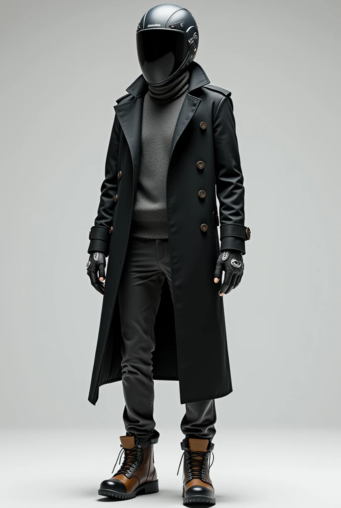 tall man, wears an elongated black trench coat, a gray sweater, dark gray gabardine pants, climbing gloves with metal knuckles, climbing boots with metal tips and a full face helmet with a completely dark polarized lens and on the sides of the helmet reads the phrase 'Menschlich'