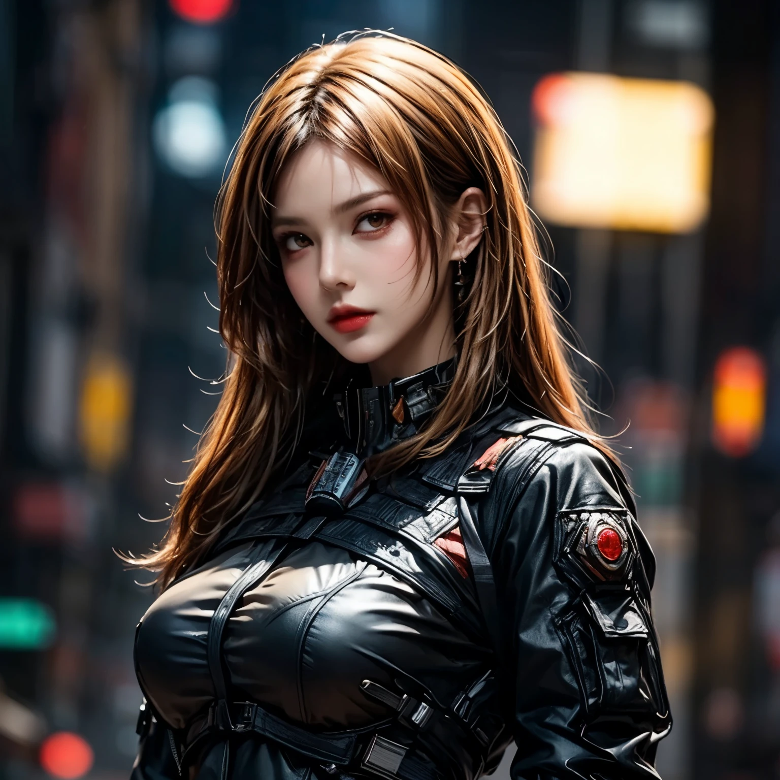 ((best quality)), ((Masterpiece)), ((Enrich the picture,Masterpiece level quality)), golden hair, curtainbangs, very big breasts, golden eyes, fierce woman, ultra eyes details, cowboy shot, Image of a beautiful cyberpunk woman, FBI uniform, best quality, RAW 4K, Realistically, ( cinematic lighting, moody, textile shading), perfect proportions, ultra detailed, volumetric lighting, soft lighting, glossy skin, beautiful face, Special face details, strong emotions, elegant gesture, Detailed facial features, Long eyelashes, contrast, Incredible atmosphere, Fascinating setting, Haunting beauty ,