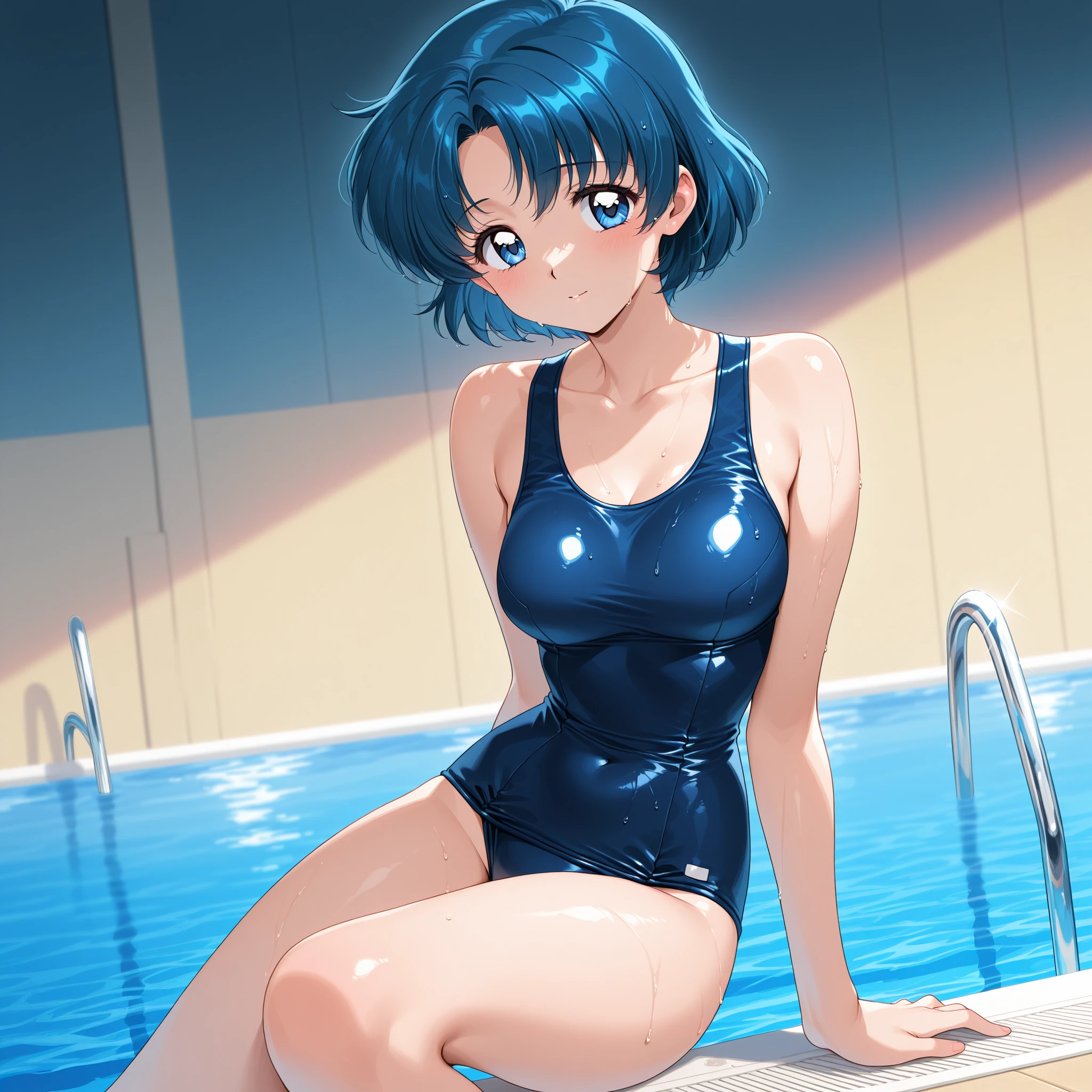 (Unity 16K Wallpaper, masutepiece, Best Quality, Ultra-detailed, extremely details CG, Caustics, Cinematic lighting, Detailed, Beautiful detailed eyes, Solo,Pool side),Ultra High Resolution, Fine skin、Sexy,curby,NSFW,(School Swimsuit:1.3), Small breasts,、Blue eyes、Blue hair,Perm Hair, blush, angry,Sitting, Spread legs wide, a pixie cut