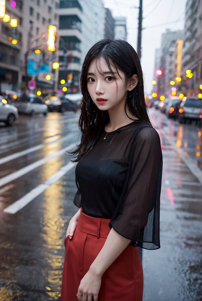 1girl, Detail skin, viewer, brown  eyes, (short hair with bangs:1.2), (Medium Tits:1.0), (photorealestic:1.4), (Highest Quality:1.0), (The ultra-Highres:1.0), 8K, Raw-Photo, (​masterpiece:0.2),. Rainy city, In front of the level crossing, Lots of people on the street, Wet hair, wetclothes, Rainwater running down your face, In front of a traffic light
